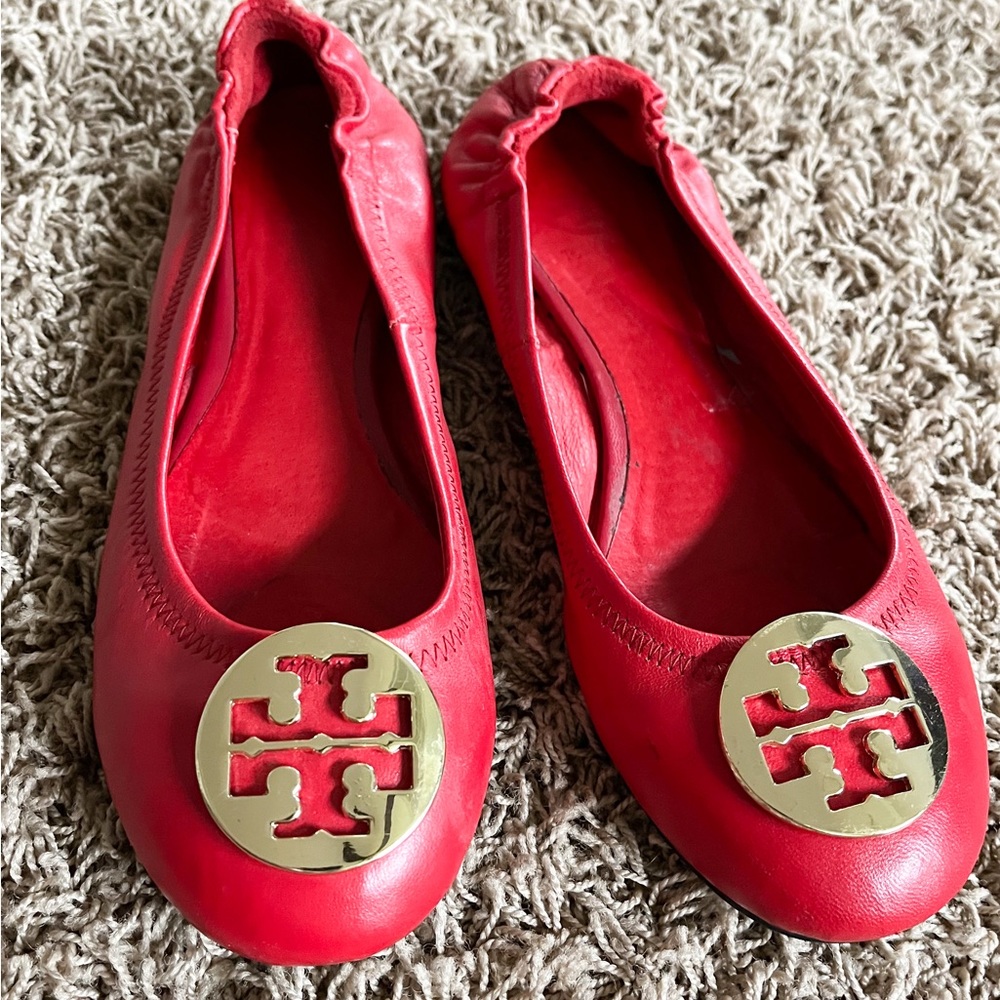 Red Leather Tory Burch Ballet Flats